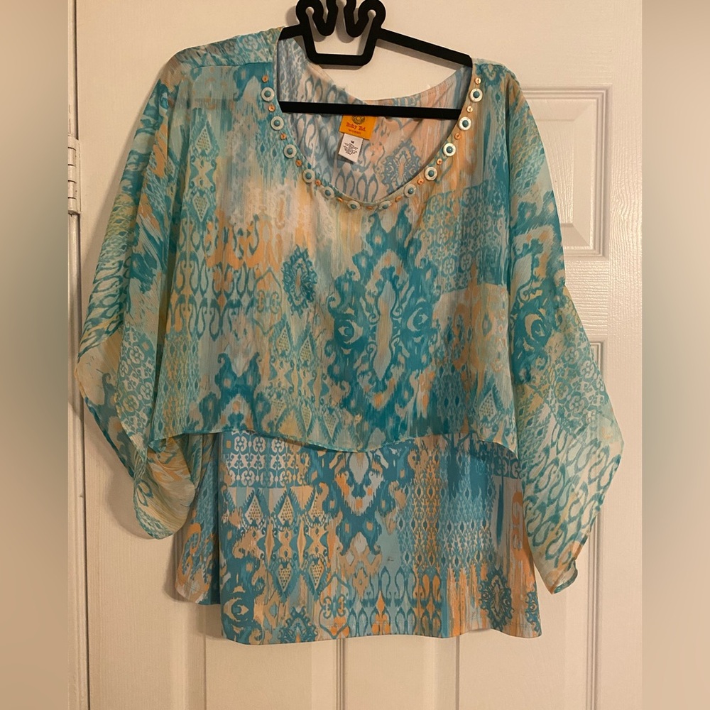 Ruby Rd. Women's Blue Patterned Top. 1X. Beaded around Neckline. Pullover.